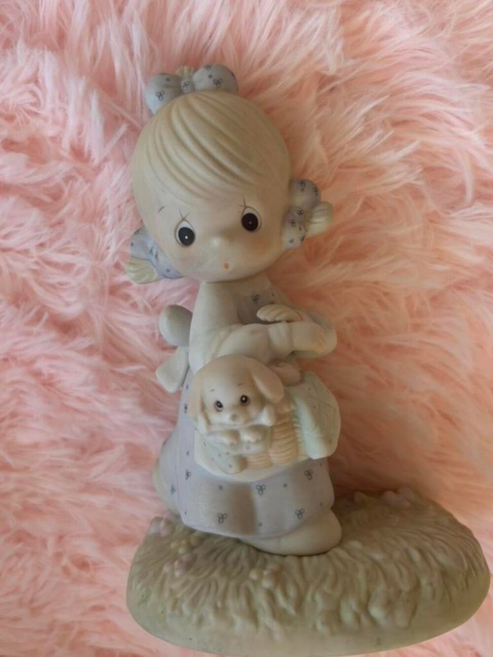 Vintage Girl with Puppy in Basket Ceramic Figurine